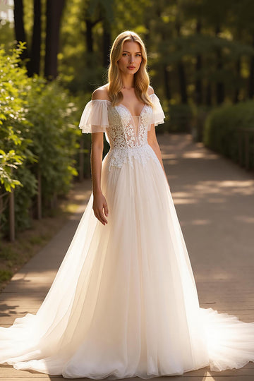 Ivory A Line Off the Shoulder Tulle Wedding Dress with Lace Appliques